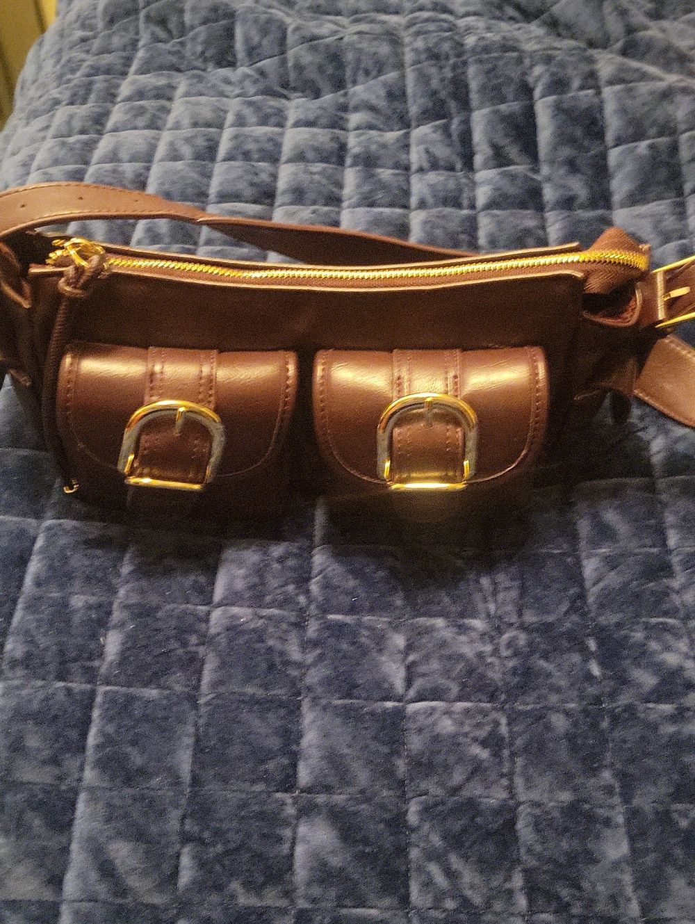 Brown Leather Crossbody Belt Bag with Gold Buckles